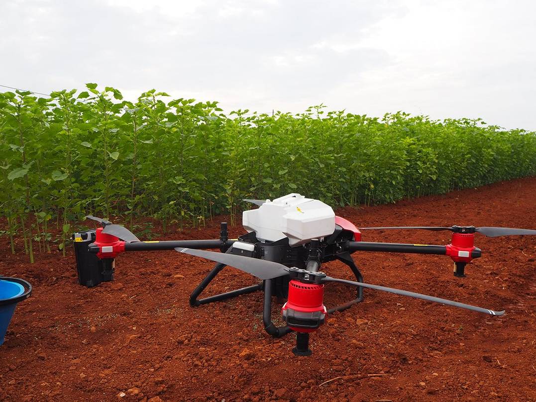 The ready-to-work drone from XAG is waiting on field for its mission