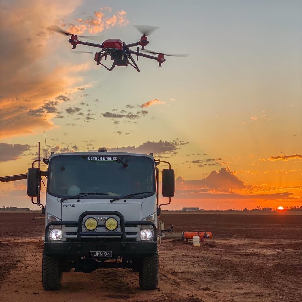 The sun has fallen like a painting, and it was time for the agricultural drone to come back from work and ready to be packed up in the truck for a short break.