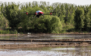 XAG agricultural UAS spreading rice seeds